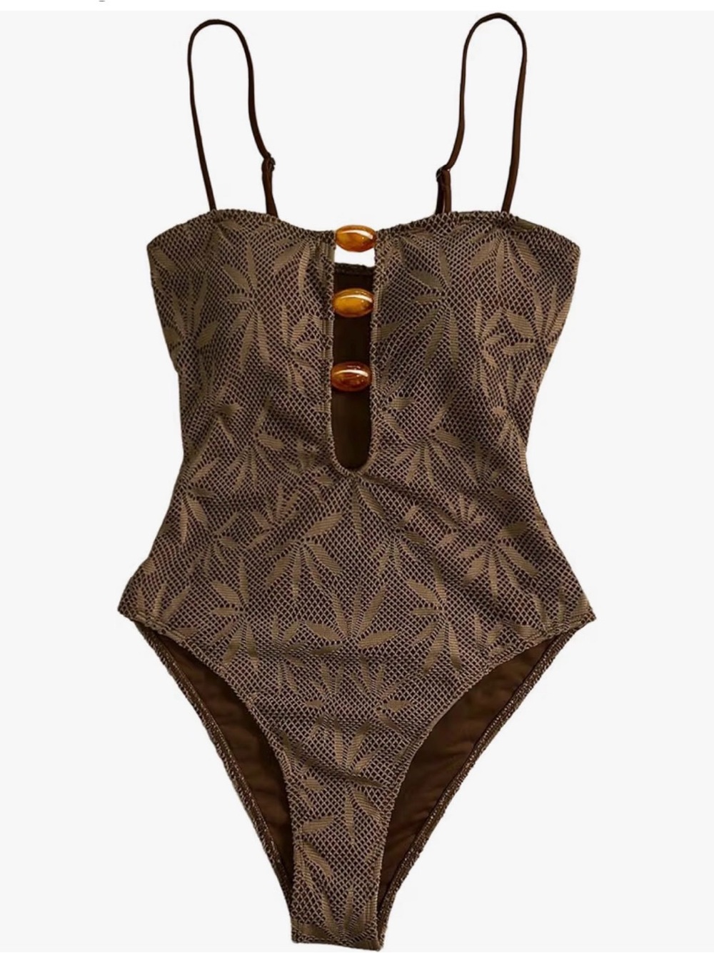 Brown Patterned One-Piece Swimsuit with Decorative Buttons